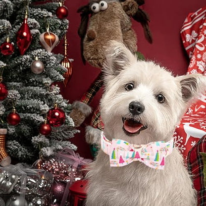 Elegant little tail Christmas Dog Collar, Christmas Tree Pet Collars Bow Pink Metal Buckle Collar Puppy Girl Boy Holiday Cotton Soft Bowtie Adjustable Dog Collar for X-Small Dogs - color: Christmas Tree Pink, size: X-Small (Pack of 1)