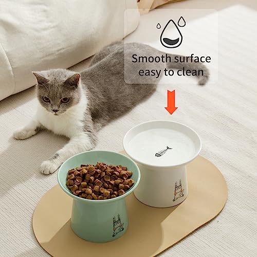 6.5 Inch Extra Wide Raised Cat Bowls, Ceramic Elevated Cat Bowl for Food and Water, Wide Shallow Cat Food Dish, Whisker Fatigue, Protect Spine, Lead & Cadmium Free, White & Green - color: White & Green