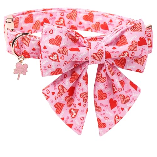 DOGWONG Valentine's Day Dog Collar with Bow Tie - Adorable Pet Collar Red Hearts with Rose Gold Buckle for Large Medium Small Dog Walking, S - color: C-Pink heart sailor bow, size: S
