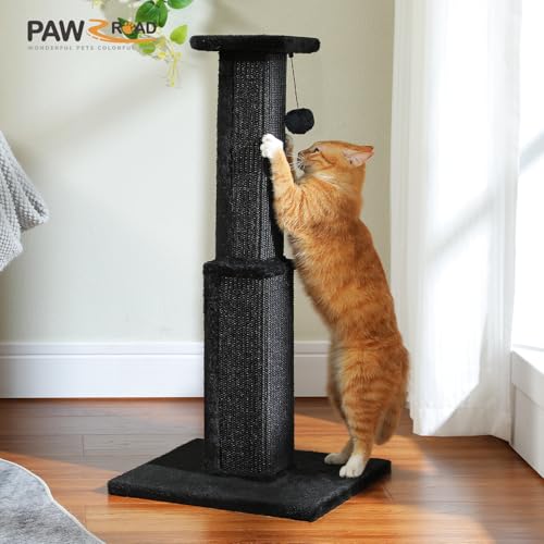 PAWZ Road Large Cat Scratching Post 32” Tall Black Scratching Post for Indoor Cats Adults Ultimate Scratch Post with Woven Sisal, Large Base and Removable Dangling Ball- Black - color: Dark Black