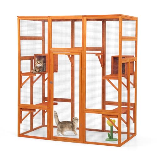 COZIWOW Large Wooden Cat Cage with Perche and Condo, Play Run Enclosure Indoor Kitty Window Kennel with Waterproof Roof&Safety Lock, 7 Platforms & 2 Resting Box, 62.4"L x 32.4"W x 70"H, Deep Orange