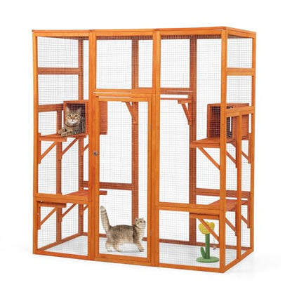 COZIWOW Large Wooden Cat Cage with Perche and Condo, Play Run Enclosure Indoor Kitty Window Kennel with Waterproof Roof&Safety Lock, 7 Platforms & 2 Resting Box, 62.4"L x 32.4"W x 70"H, Deep Orange