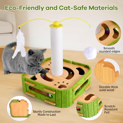 Cat Puzzle Box Toy for Indoor Cats Boredom Relief Interactive Wooden Cat Enrichment Maze with Jingle Balls, Feather Wands & Spiral Springs, Slow Feeder Treat Dispenser for Kittens & Adult Cats - size: Large