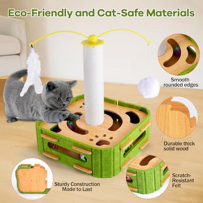Cat Puzzle Box Toy for Indoor Cats Boredom Relief Interactive Wooden Cat Enrichment Maze with Jingle Balls, Feather Wands & Spiral Springs, Slow Feeder Treat Dispenser for Kittens & Adult Cats - size: Large