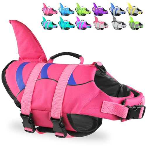Dog Life Jacket Shark, Dog Life Vest Adjustable Ripstop, Dog Swimming Safety Vest with Superior Buoyancy & Rescue Handle for Small Medium Large Dogs, Swim, Pool, Beach, Boating - color: Pink-Wave Shark, size: Small