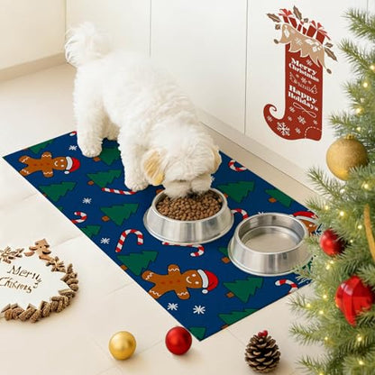 HOMETITUTE Fun Gingerbread Pattern Xmas Pet Placemat Holiday Pet Mat for Food and Water Bowls Spill-Proof Area Pad for Pet Feeding Spaces Easy Clean Mat for Cats Kittens & Small Dogs 20" x 12" - color: brown