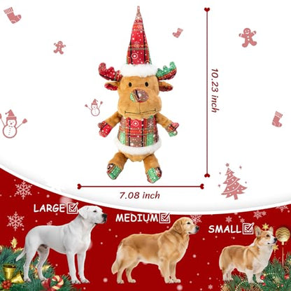 Christmas Dog Toy Squeaky Interactive Dog Toys Puppy Teething Chew Toy Deer Shape Stuffed PP Cotton Crinkle Sound Paper Tail, for Large Medium Small Breeds， Indoor Outdoor Play