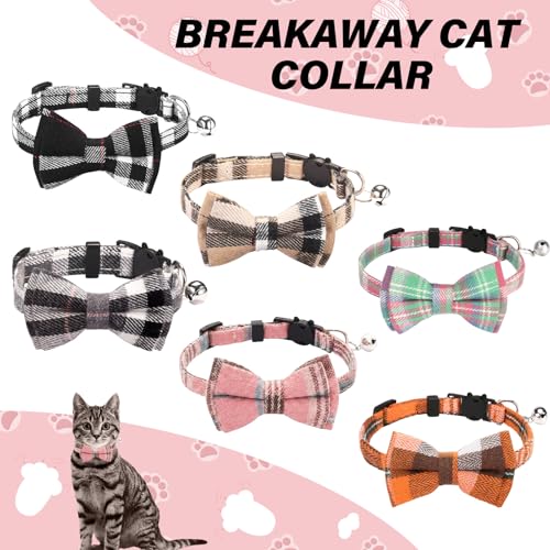 6 Pcs Cat Collar Breakaway with Bow Tie and Bell Kitten Collars Removable Bowtie Plaid Cat Collar for Cats Kittens Puppy (Classic) - style: Classic