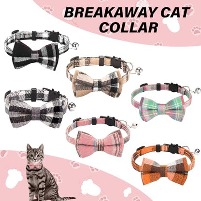 6 Pcs Cat Collar Breakaway with Bow Tie and Bell Kitten Collars Removable Bowtie Plaid Cat Collar for Cats Kittens Puppy (Classic) - style: Classic