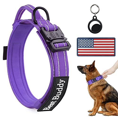 AUBELL Reflective Tactical Dog Collar,Adjustable Military Heavy Duty K9 Collars with Handle and Quick Release Metal Buckle Great for Medium Dogs, with Airtag Case and 2 Patches (Purple,M) - color: Purple, size: M(13.5"-17")