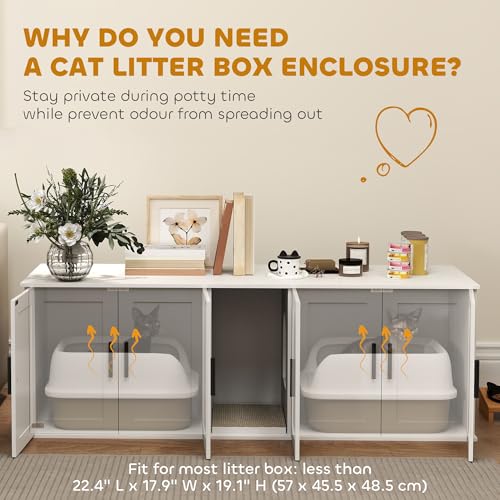 PawHut Cat Litter Box Enclosure for 2 Cats, Hidden Litter Box Furniture with Double Room, Scratching Mat, Kitty Washroom Furniture, 57" x 19" x 20", White