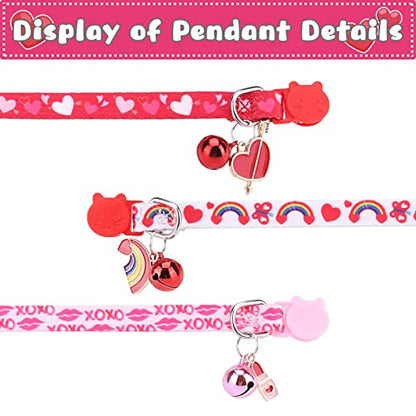 Breakaway Cat Collars with Bell & Cute Pendants, 3 Pack Safety Buckle Kitten Collars, Adjustable Pet Collar Ideal for Girl Boy Cats Puppy (Love Heart) - color: Style A - Love Heart