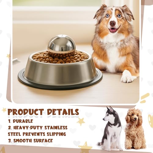Soulchen Dog Food Slow Feeder Ball Heavy Stainless Steel 3.54 Inches/ 9 cm Large Size, Slows Fast Eating to Prevent Choking, Bloating & Obesity Pet Slow Feeding Toy Healthy Feeding for All Dogs