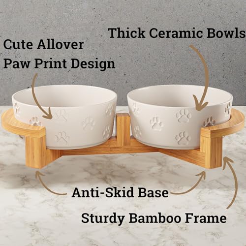 Ceramic Dog Bowls with Stand - Medium Dog Bowl Set with Stand Non-Slip - 2 Ceramic Dishes with Anti-Skid Bamboo Stand for Medium Dogs - Elevated Dog Bowls Set of 2 - Raised Pet Feeding Station - color: White with Stand, size: Medium