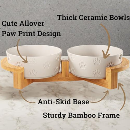 Ceramic Dog Bowls with Stand - Medium Dog Bowl Set with Stand Non-Slip - 2 Ceramic Dishes with Anti-Skid Bamboo Stand for Medium Dogs - Elevated Dog Bowls Set of 2 - Raised Pet Feeding Station - color: White with Stand, size: Medium