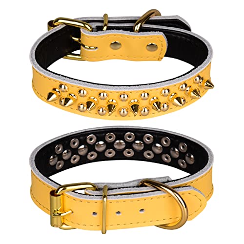 Spiked Studded Dog Collar, Genuine Leather Dog Collar, Adjustable Pet Collars for Small or Medium Pet (S, Yellow) - color: Yellow, size: S