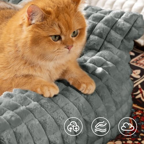 Cute Cat Couch Bed – Supportive & Fluffy Pet Sofa with Faux Rabbit Fur Washable Cover in 3D Diamond Pattern, 24" Grey - color: Grey, size: Small: 24"L x 18"W x 10"Th