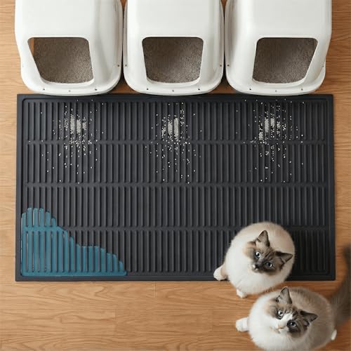 Extra Large Litter Mat: XL 39"x29" Silicone Waterproof Groove Design Litter Trapping Mat Easy to Clean for Multiple-Cats - Jumbo Non-Slip Cat Box Rug for Floor (Black) - color: Black, size: XL 39x29 Inch