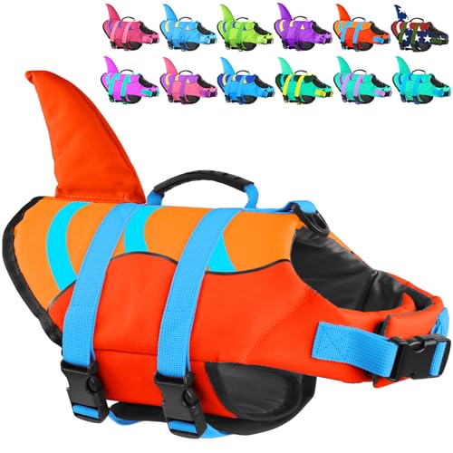 Shark Dog Life Jacket, High Buoyancy with Tear-Resistant Nylon, Dog Float Vest for Swimming and Boating, Pet Life Preserver for Small Medium Large Dogs (PFD) - color: Shark-OrangeRed+Orange, size: X-small