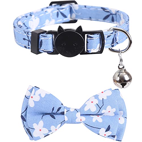 2 Pack/Set Cat Collar Breakaway with Cute Bow Tie and Bell Plaid Flower for Kitty Adjustable Safety - color: Blue