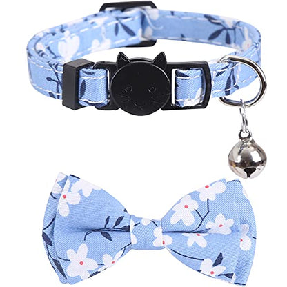2 Pack/Set Cat Collar Breakaway with Cute Bow Tie and Bell Plaid Flower for Kitty Adjustable Safety - color: Blue