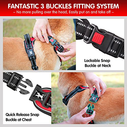 PoyPet Dog Harness and Leash Combo, Escape Proof No Pull Vest Harness, with 5 Feet Leash, Reflective Adjustable Soft Padded Pet Harness with Handle for Small to Large Dogs(Red,M) - color: Red, size: Medium