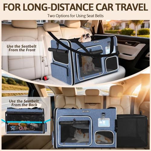 Petskd Side Expandable Extra Large Cat Car Carrier with Collapsible Litter Box for Long Distance Travel,24"x17"x17" Portable Soft Sided Pet Carrier with Roller Shades for 2 Cats Up to 55LBS(Blue) - color: blue