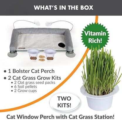 K&H Pet Products EZ Mount Cat Window Perch Deluxe Bolstered Kitty Sill with Cat Grass Grow Station - Hammock Window Bed for Indoor Pets, Home Grown Grass Toy for Bored Indoor Felines