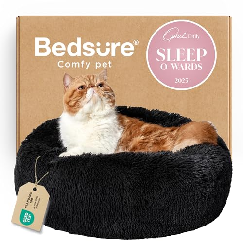 Bedsure Calming Cat Beds for Indoor Cats - Small Cat Bed Washable 20 inches, Anti-Slip Round Fluffy Plush Faux Fur Pet Bed, Fits up to 15 lbs Pets, Black - color: Black, size: 20"L x 20"W x 6"Th
