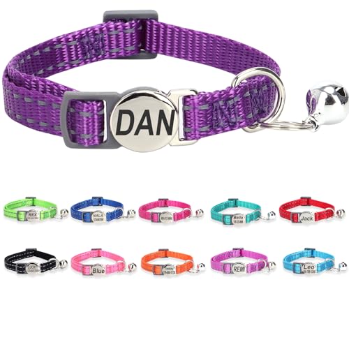 Engraved Personalized Cat Collar,Breakaway Safety Release Buckle,Reflective Kitten Collars with ID Name Tag,Adjustable Nylon Collar with Bell for Small Dogs Puppy Kitten Cat,Deep Purple(7.5''-12.0'') - color: Deep Purple