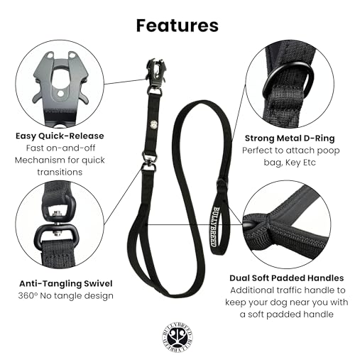 BULLYBREED | Heavy Duty Dog Leash, Tactical Dog Leash, Quick Release Frog Clip with Anti-Tangling Swivel System for Large Dogs that Pull with Soft Double Handles (5 FT Long, Black) - color: Black Double Handle