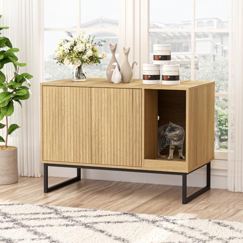 Cat Litter Box Enclosure, Fluted Hidden Litter Box Furniture with Scratch Pad and Metal Legs, Modern Enclosed Cat Cabinet, 31.5 x 17.7 x 21.7 Inches Indoor Pet House for Living Room, Washroom, Natural - color: Natural, size: 31.5”L x 17.7”W x 21.7”H