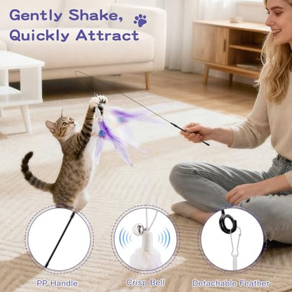 Pawaboo Feather Teaser Cat Toy, Interactive Feather Wand Cats Toy Flying Feathers Cat Catcher with Extra Long 34.5" Wand and Small Bell, Exerciser Playing Toys for Kitten or Cats, Purple - color: Purple