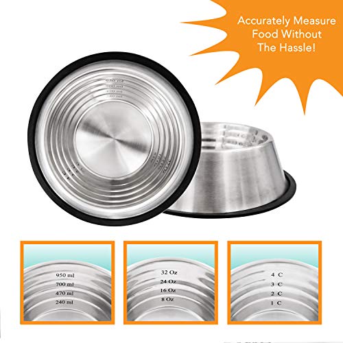 Non-Tip Dog Bowl with Rubber Base, Built-in Measurements, Won't Slip, Skid or Tip, Stainless Steel, 32oz (NTD-32) - size: 32 oz
