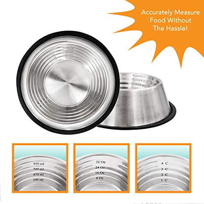 Non-Tip Dog Bowl with Rubber Base, Built-in Measurements, Won't Slip, Skid or Tip, Stainless Steel, 32oz (NTD-32) - size: 32 oz