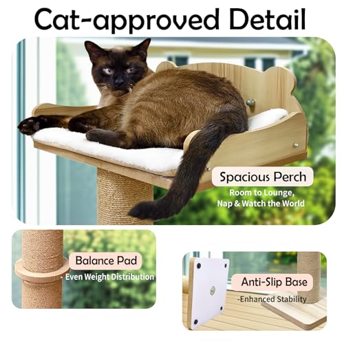 Cat Window Perch, Carpet Hammock & Window Step & Scratcher, Hammock with Suction Cup, Height Adjustable, Sturdy Cat Window Bed, Space-Saving (Drilling-Free) (Solid Wood, Cat Tree Set) - color: solid wood, size: Cat Tree Set