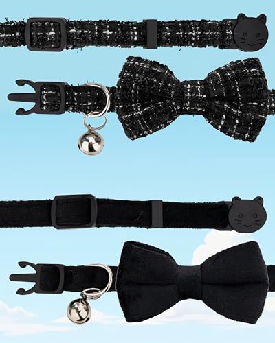 Cat Collar with Bow Tie 2pcs Set Bell Boy Girl Kitten Safety Plaid Grid Checkered Solid Color Suede Velvet Cute Soft Fluffy Gift B-[2pcs] Black - color: Style B-[2pcs] Black