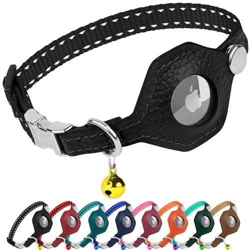 Reflective AirTag Cat Collar with Metal Buckle - Leather Soft Non Breakaway Cat Collars with Apple Air Tag Holder and Bell - Tracking GPS Secure Pet Collars for Cats Kitten Puppy (Black) - color: Black