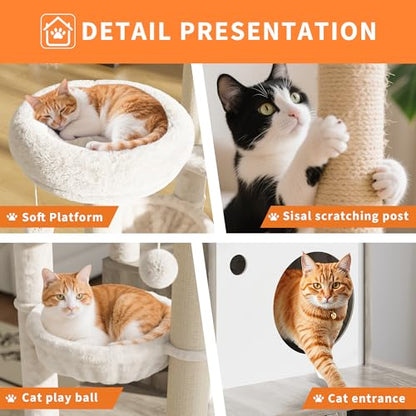 Garvee Cat Litter Box Enclosure with Tree Tower and Condo, Hidden Pet Washroom Furniture with Sisal Scratching Post,Hammocks and Soft Plush Perch, Wooden Cat Furniture with Multiple Platforms,Grey - color: Rustic Grey