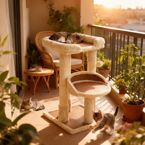 Fansafurn Multi-Level Cat Tree for Indoor Cats, Modern Cat Tower with Double Beds & Scratching Posts, 27in Cat Tree for Large Cats and Kitten, Small Cat Climbing Tower with Hanging Toys, Cream White - color: Beige