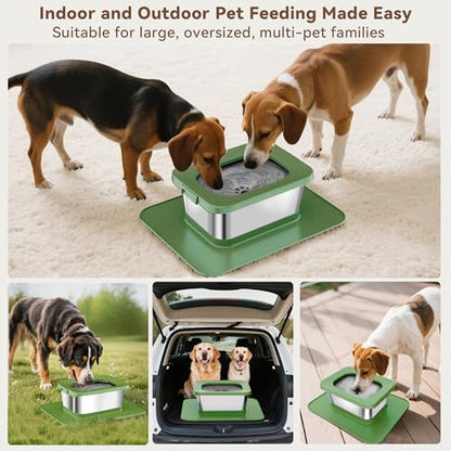 10L No Spill Dog Water Bowl, 2.6 Gal Stainless Steel No Splash Large Dog Water Bowl with Non-Slip Silicone Mat, Spill Proof Slow Drinking Pet Bowls for Messy Drinkers Indoor/Outdoor Use - color: Dark Green