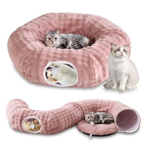 Bubble Cat Tunnel for Indoor Cats, Round Peekaboo Cave Toy with Dangling Balls, Donut Tunnel Bed with Circle Mat for Puppy Kitten Rabbit, Dusty Pink - color: Dusty Pink