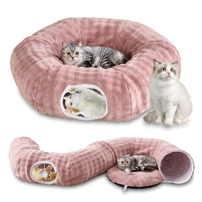 Bubble Cat Tunnel for Indoor Cats, Round Peekaboo Cave Toy with Dangling Balls, Donut Tunnel Bed with Circle Mat for Puppy Kitten Rabbit, Dusty Pink - color: Dusty Pink