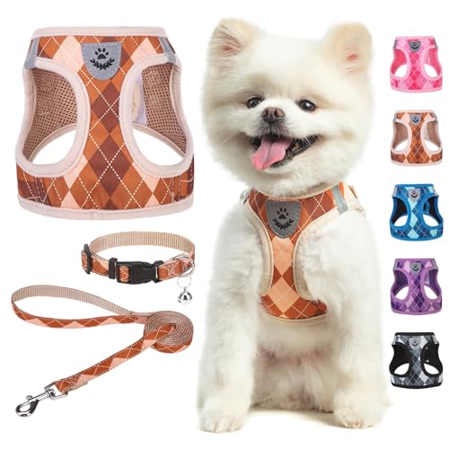SCENEREAL Fall Thanksgiving Small Dog Harness and Leash Collar Set, Step in No Pull Plaid Puppy Harness for Small Dogs Outdoor Walking, Soft Mesh No Chock Reflective Vest Harness, Brown XS - color: Brown, size: XS: Chest Girth: 13"-14.5"