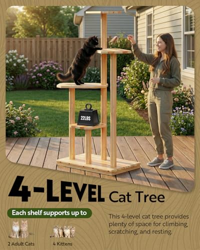 Outdoor Cat Tree, 60" Tall Cat Tower Weatherproof for Patio,Balcony,Garden, Durable 4-Tier Natural Wood w/Scratching Posts for Multiple Cats,Outside&Indoor Adult Cats and Kittens Play, Climbing