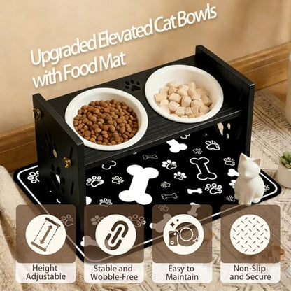 2026 New Elevated Cat Bowls with Food Mat, Adjustable Height & Angle Raised Cat & Dog Bowls Stand for Food and Water, Cat or Small Dog Feeding Station, 2 Ceramic Bowls for Cats and Puppy(Black Wood) - color: black
