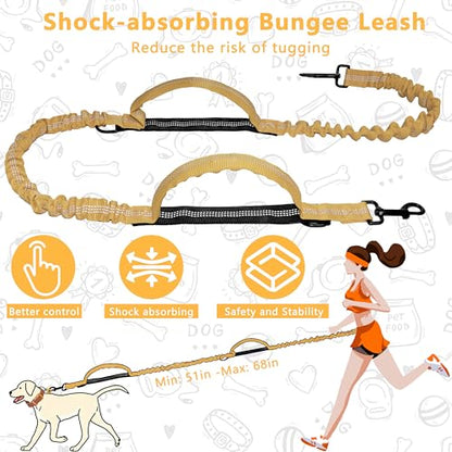 Hands Free Dog Leash with Zipper Pouch, Running Waist Leash for Dog Walking, Adjustable Waist Belt for Large Dogs, Reflective Bungee Design with Two Handle for Hiking, Training, Yellow - color: Yellow