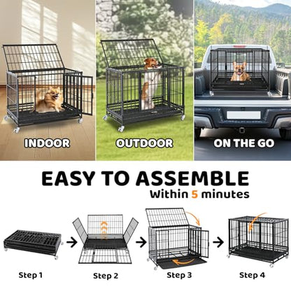 Homey Pet 37 Inch Heavy Duty Dog Crate Indestructible, Collapsible Dog Cage with Lockable Wheels, Removable Tray, High Anxiety Dog Kennel Indoor, Three Tiers Stackable Dog Crates for Medium Dogs - size: 37"L - 3 Tiers