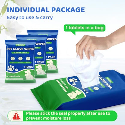 VOISEN 48 Pcs Pet Glove Wipes for Dogs and Cats, Cleaning & Deodorizing Bathing Grooming Wipes,Unscented Thick Nourish Fur Glove Wipes for Pet Dry Cleaning,Daily Care and Travel - size: 48 Pack