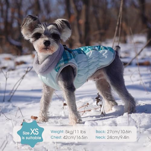 FUAMEY Dog Coat for Small Dogs,Waterproof Dog Winter Jacket with Harness Built in Puppy Cold Weather Coats Reflective Pet Vest with Zipper Warm Fleece Dogs Snowsuit Windproof Green Plaid XS - color: Green Plaid, size: XS(chest:14in)